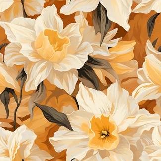 Rustic daffodil pattern with delicate white flowers and brown leaves on a warm-toned background.
