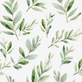 A seamless watercolor pattern featuring sagey eucalyptus leaves and branches on a white background.