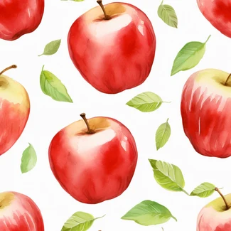 A watercolor seamless pattern of red apples and leaves on a white background.