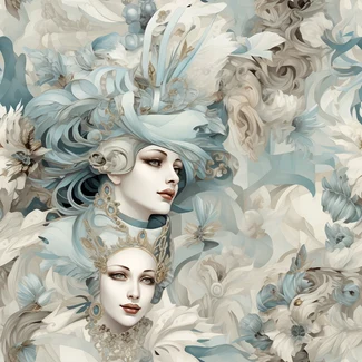 A carnivalcore fantasy pattern featuring blue and white feathered women surrounded by intricate floral patterns in light gold and aquamarine hues, with surreal theatrics and multi-layered compositions that give the illusion of illusory wallpaper portraits.