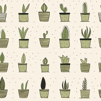 A seamless pattern of cactus plants and succulents in pots arranged on a beige background.