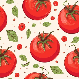 A seamless pattern featuring colorful hand-painted tomatoes on a light red and light brown background with green leaves.