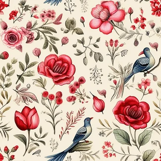 Watercolor floral and bird pattern in a southern countryside style.