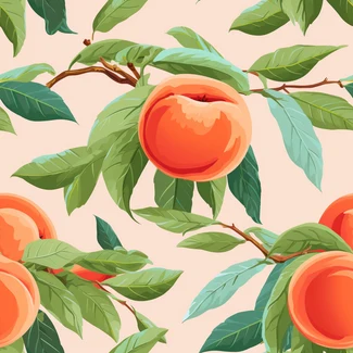 A seamless pattern of juicy peaches and green leaves on branches, set on a bright background.