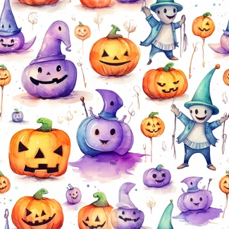 A watercolor Halloween pattern featuring pumpkin people, witches, and cartoon pumpkins in purple and orange.