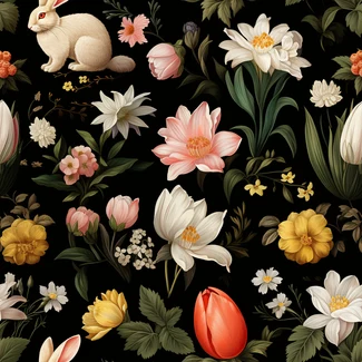 Spring-inspired seamless pattern with rabbits and flowers on a black background.