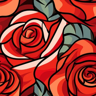 A seamless pattern of red roses with a stained glass effect on a warm, richly detailed background.
