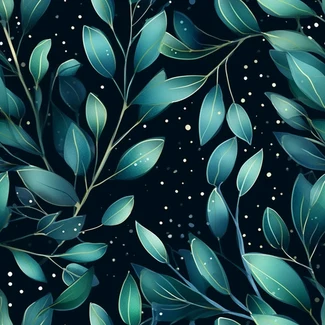 A seamless pattern of green leaves and stars on a blue background
