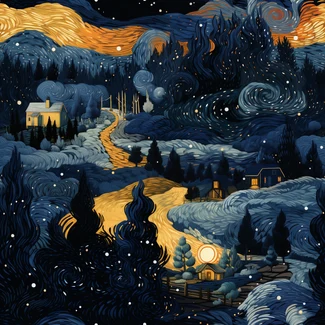 A beautiful wallpaper pattern featuring a starry night sky and rural landscapes in indigo and amber tones.