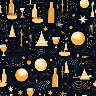 A festive pattern featuring a wine bottle, beer, and stars on a dark blue and light orange background