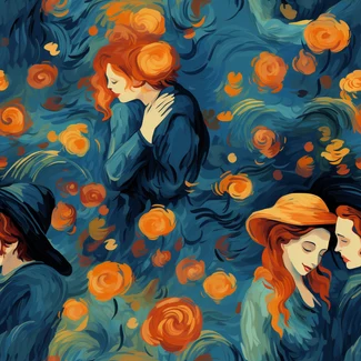 A romantic, dreamy pattern featuring art nouveau floral motifs and spirals, colorful impressionistic figures, and watercolor roses in dark oranges, blues, and aquamarines.