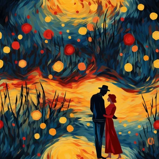A couple stands atop a hill at night, gazing up at the starry sky.