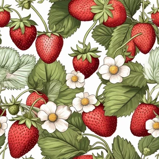 A botanical illustration of strawberries with flowers and leaves on a white background.