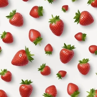 A seamless pattern of photorealistic strawberries arranged on a white background with summer ripe leaves.