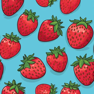 A seamless pattern featuring large strawberries set against a bright blue background designed in a cartoonish lithographs style