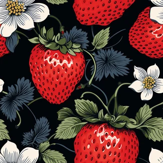 A seamless pattern of strawberries and flowers on a dark background.