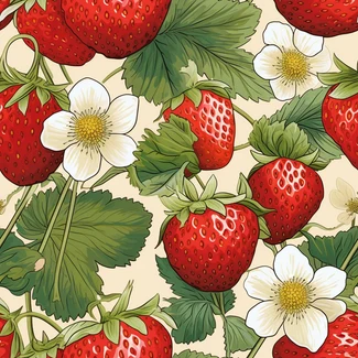 A strawberry pattern with white flowers and leaves, in a realistic style with trompe-l'oeil effects, on a red and beige background.