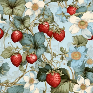 A seamless pattern of strawberries and flowers on a sky-blue and beige background.