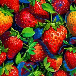 A colorful pattern of strawberries on a blue background.