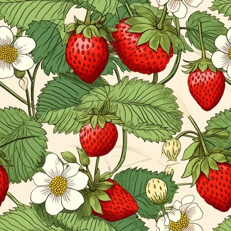 A seamless pattern of strawberries and plants on a beige background.