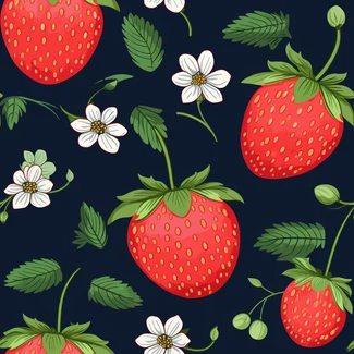 A seamless strawberry and floral pattern on a navy background with cute cartoonish designs.
