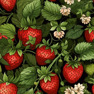 A seamless pattern of hyperrealistic strawberries and leaves on a black background
