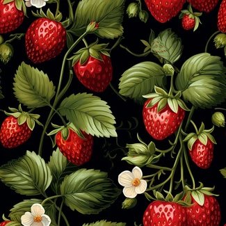 A seamless pattern of strawberries and white flowers on a black background.