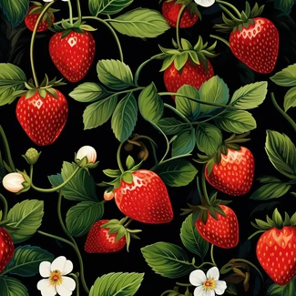 Strawberries and flowers on a black background in a seamless pattern