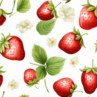 A seamless strawberry and green flower pattern on a white background.