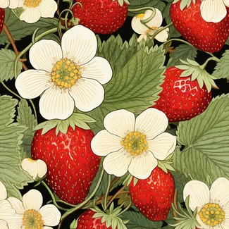 A seamless pattern featuring strawberries and flowers on a black background.