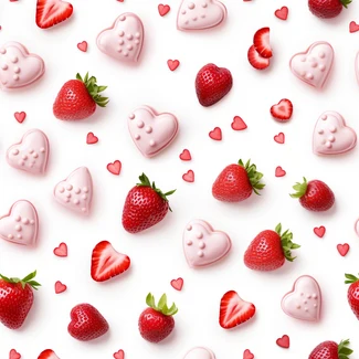 A beautiful pattern of pink strawberry heart candy on a white background, perfect for Valentine's Day.