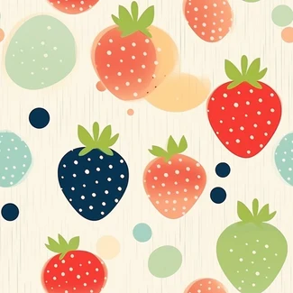 Strawberry Polka Dots pattern featuring red and green strawberries on a beige background with navy polka dots
