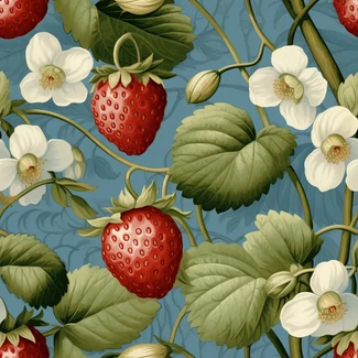 A seamless pattern featuring realistic strawberries on a blue background with flower motifs and twisted branches.