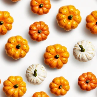 A playful pumpkin pattern with a variety of textured surfaces and vibrant colors arranged on a plain white background.
