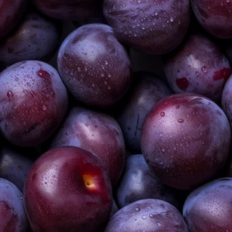 A close-up view of a pile of plums on a black surface with water droplets. The plums are captured in macro photography and the colors used are red and indigo.