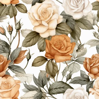 White roses watercolor seamless pattern on a white background with earthy tones.