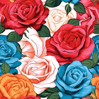 A colorful pattern of hyper-realistic roses on a white background.