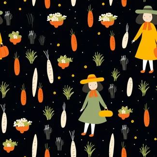 A repeating pattern of carrots and whimsical scenes on a dark background