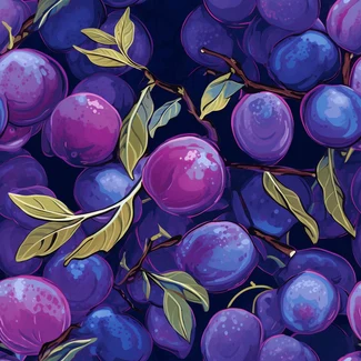 A seamless pattern of plums and leaves isolated on a blue background, reminiscent of Van Gogh's intense shading.