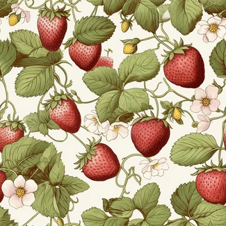 A seamless pattern of strawberries, flowers, and leaves on a light beige background.