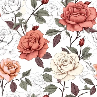 Seamless pattern of detailed botanical roses on a white background