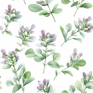 A seamless pattern of delicate succulents, green leaves, and purple flowers on a light purple and silver background.
