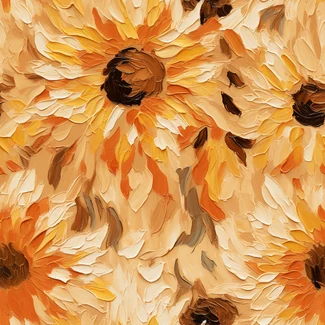Abstract sunflower pattern with vibrant orange sunflowers on a tan background