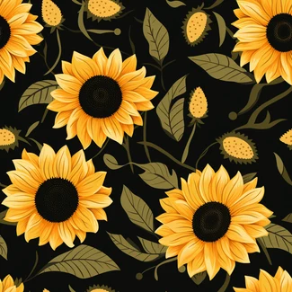 A seamless pattern of sunflowers on a black background