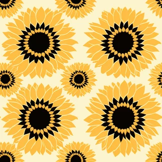 A lively pattern featuring yellow, black, and white sunflowers on a light orange and light beige background.