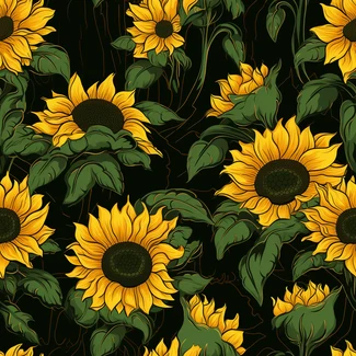 Sunflowers on black background in comic book art style with detailed illustrations and dark yellow and dark green colors.