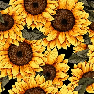 A seamless pattern featuring yellow sunflowers on a black background.