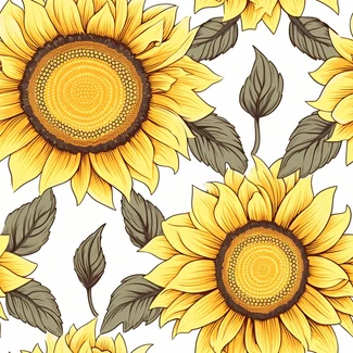Seamless vintage sunflower pattern with yellow leaves on white background