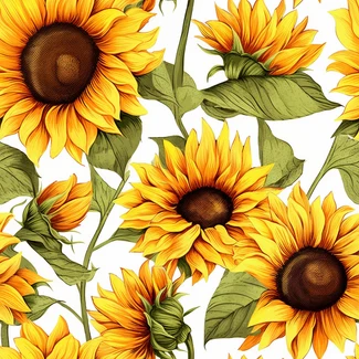 A seamless sunflower pattern on a white background with bright, colorful flowers and intricate details.