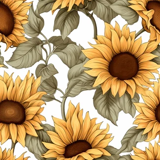 A seamless sunflower pattern on a white background with muted colors and realistic details.